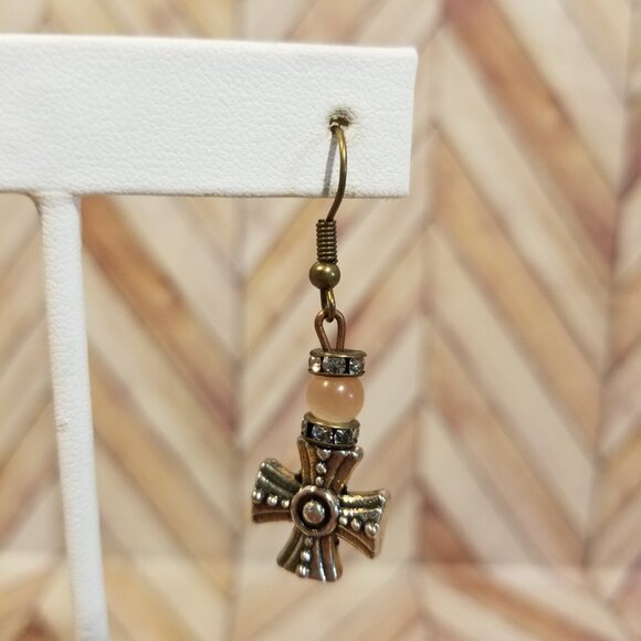 Brown and Bronze Beaded Cross Earrings - Picture 2 of 3